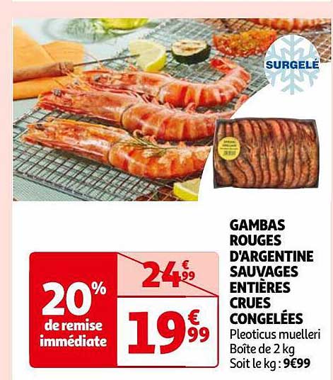 gambas rouges d'argentine sauvages entières crues congelées