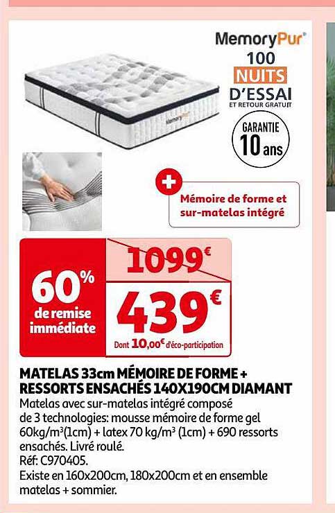 matelas 33 cm mémoire de forme + ressorts ensachés 140 x 190 cm diamant