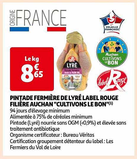 Pintade Fermière De Lyré Label Rouge Filière Auchan "cultivons Le Bon"