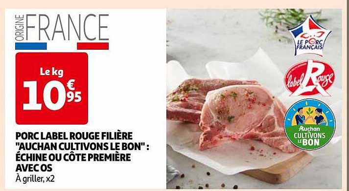porc label rouge filière auchan "cultivons le bon" : échine ou côte première avec os
