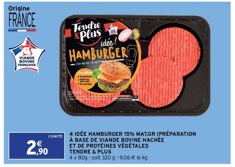 4 idée hamburger 15% mat. gr. (préparation à base de viande bovine hachée et protéines végétales) tendre & plus