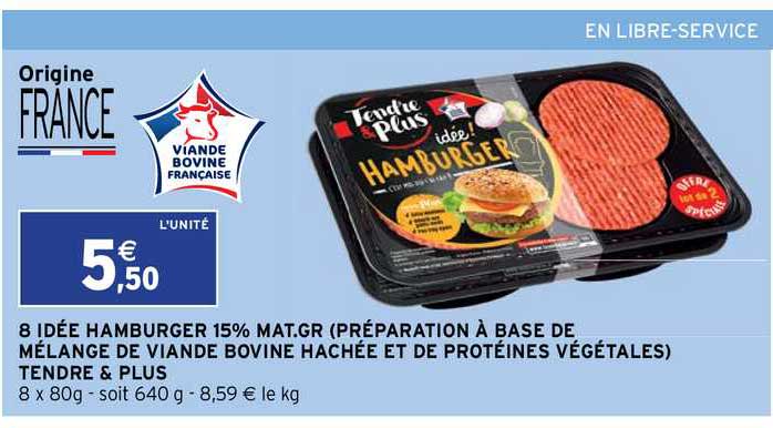 8 idée hamburger 15% mat. gr. (préparation à base de mélange de viande bovine hachée et protéines végétales) tendre & plus