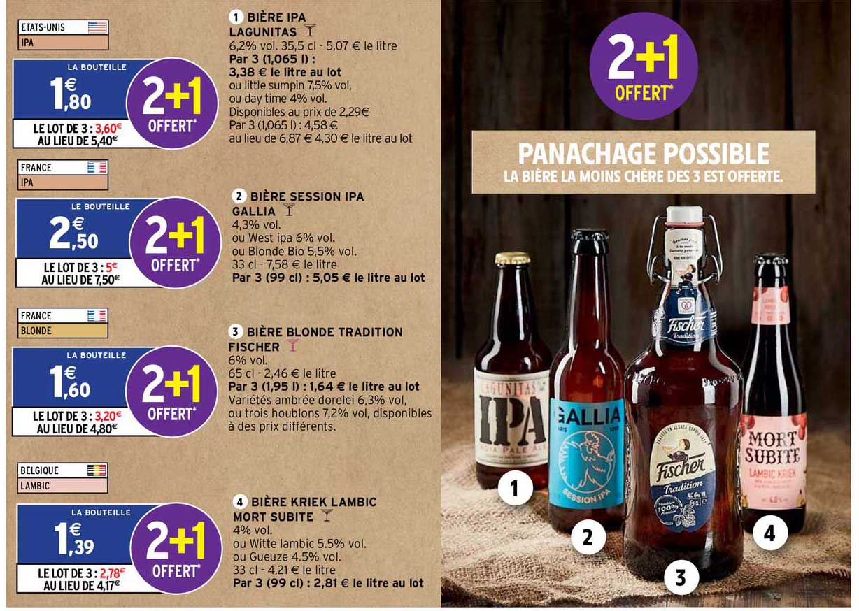 bière ipa lagunitas, bière session ipa gallia, bière blonde tradition fischer, bière kriek lambic mort subite