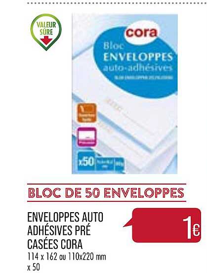 enveloppes auto adhésives pré casées cora