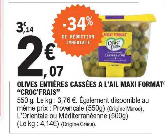 olives entières cassées à l'ail maxi format "croc'frais"