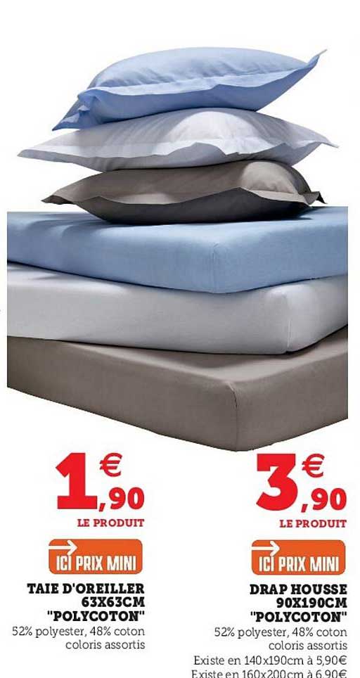 taie d'oreiller 63 x 63 cm "polycoton", drap housse 90 x 190 cm "polycoton"