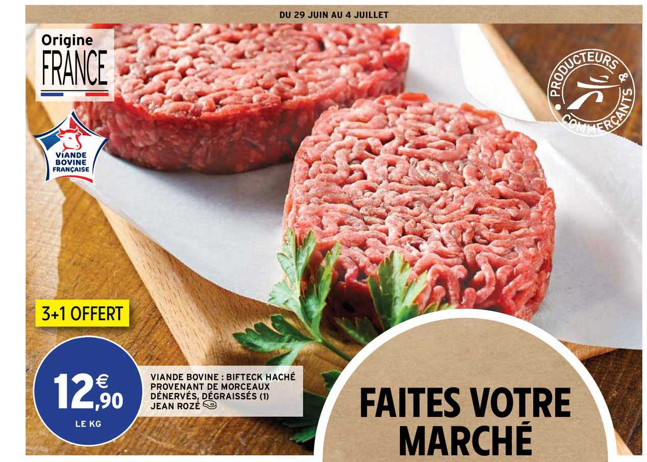 viande bovine : bifteck haché prevenant de morceaux dénervés, dégraissés jean rozé
