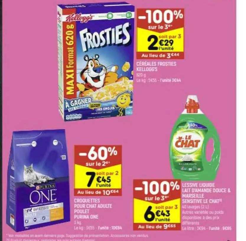 céréales frosties kellogg's, croquettes pour chat adulte poulet purina one, lessive liquide lait d'amande douce & marseille sensitive le chat
