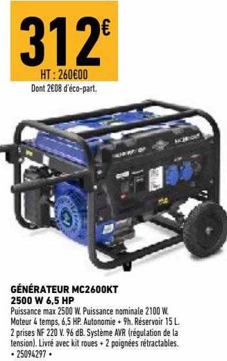 générateur mc2600kt 2500 w 6,5 hp