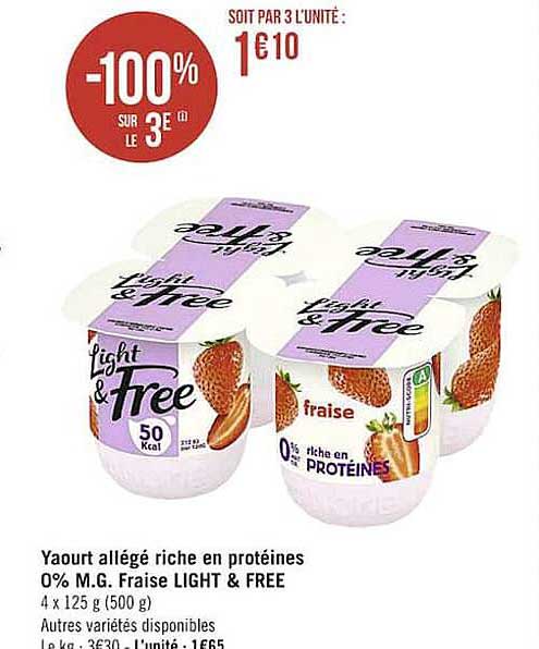 yaourt allégé riche en protéines 0% m.g. fraise light & free