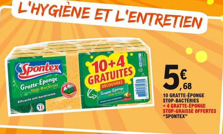 10 gratte-éponge stop-bactéries + 4 gratte-éponge stop-graisse offertes "spontex"