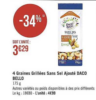 4 graines grillées sans sel ajouté daco bello