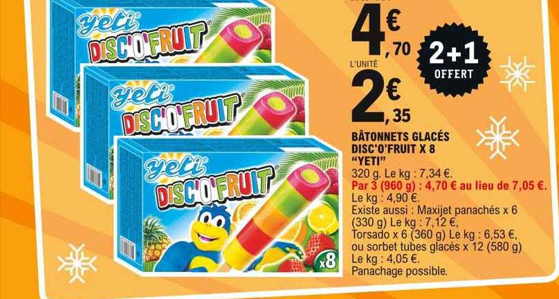 Bâtonnets Glacés Disc'o'fruit X 8 "yeti"