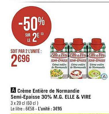 crème entière de normandie semi-épaisse 30% m.g. elle & vire
