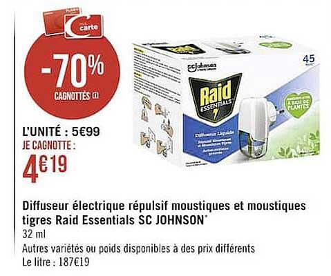 diffuseur électrique répulsif moustiques et moustiques tigres raid essentials sc johnson