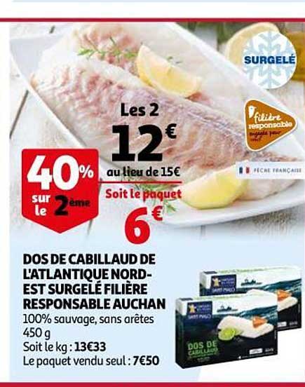 dos de cabillaud de l'atlantique nord-est surgelé filière responsable auchan