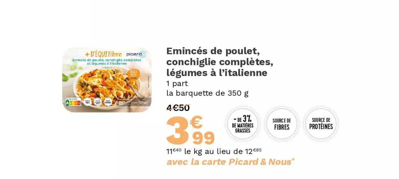 eminés de poulet, conchiglie complètes, légumes à l'italienne