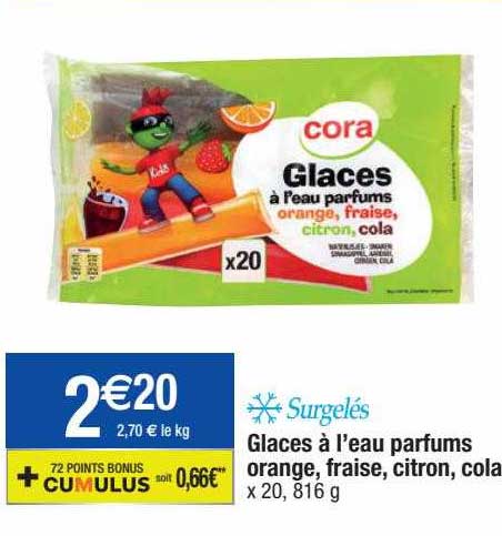 glaces à l'eau parfums orange, fraise, citron, cola