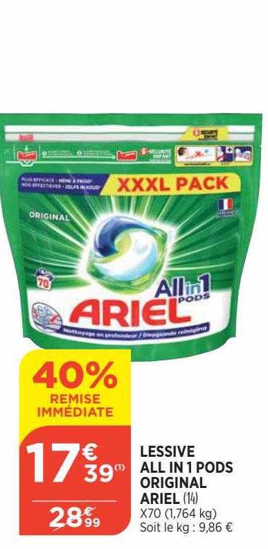 lessive all in 1 pods original ariel 40% remise immédiate