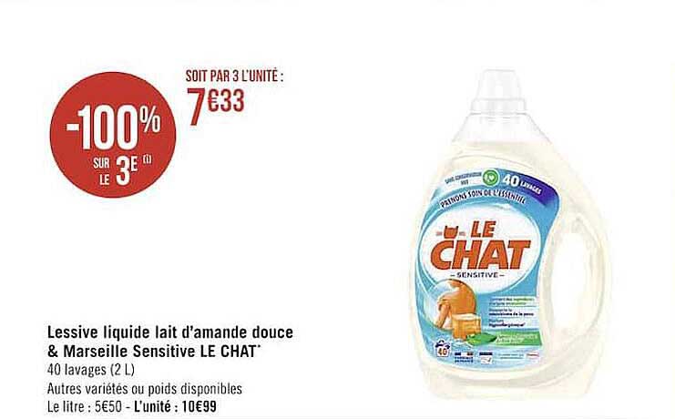 lessive liquide lait d'amande douce & marseille sensitive le chat