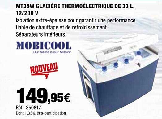 mt35w glacière thermoélectrique de 33l, 12-230 v