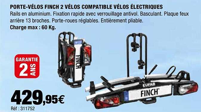porte-vélo finch 2 vélos compatible vélos électriques