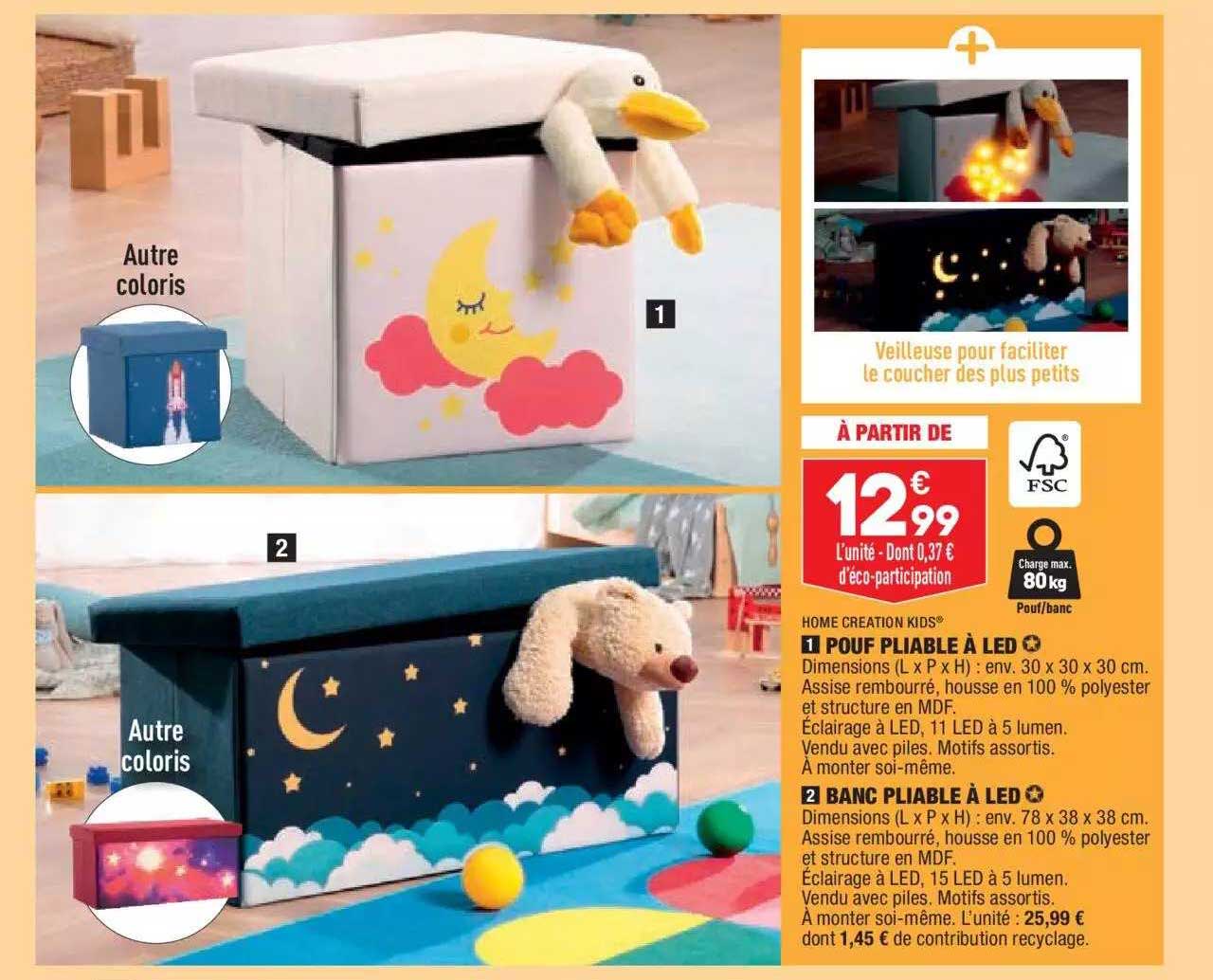 Pouf Pliable à Led Home Création Kids, Banc Pliable à Led Home Créatio Kids