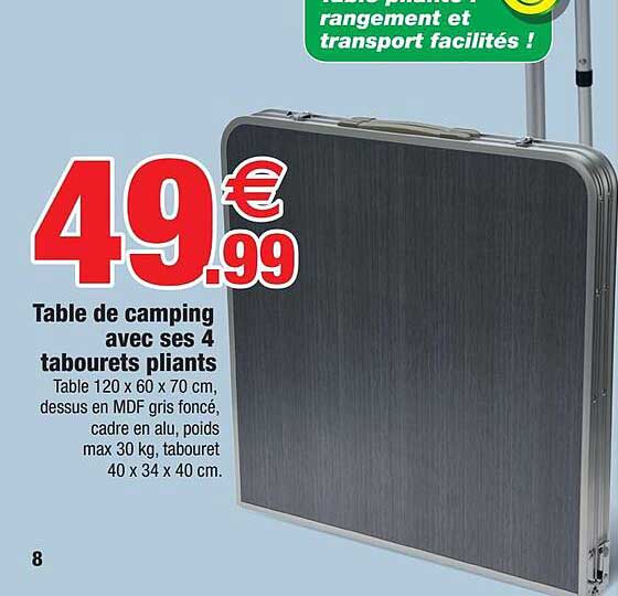 table de camping avec ses 4 tabourets pliants
