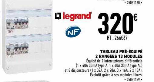 tableau pré-équipé 2 rangées 13 modules legrand