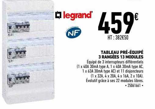 tableau pré-équipé 3 rangées 13 modules legrand