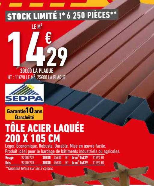 tôle acier laquée 200 x 105 cm