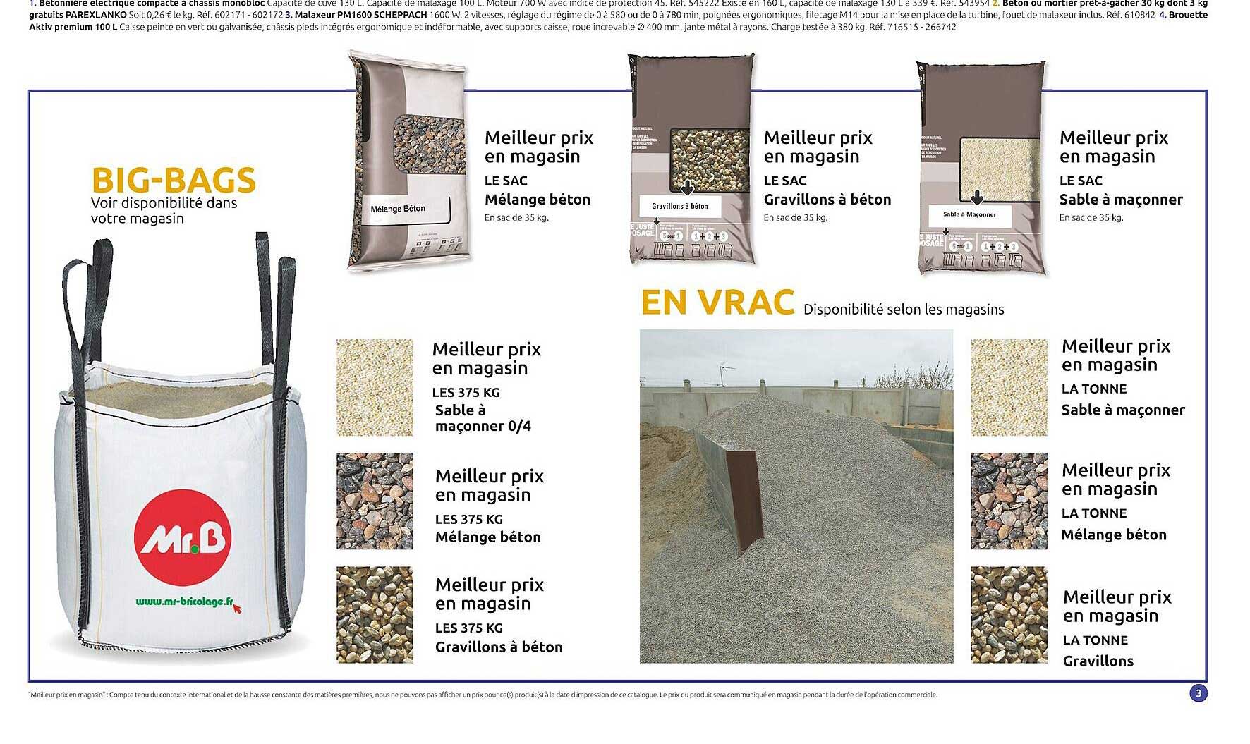 mélange béton, gravillons à béton, sable à maçonner