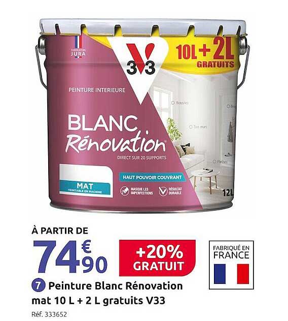 peinture blanc rénovation mat 10l + 2l gratuits v33