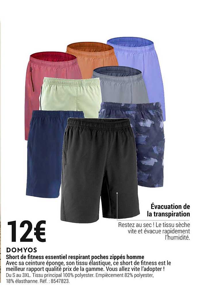 Short De Fitness Essentiel Respirant Poches Zippés Homme Domyos