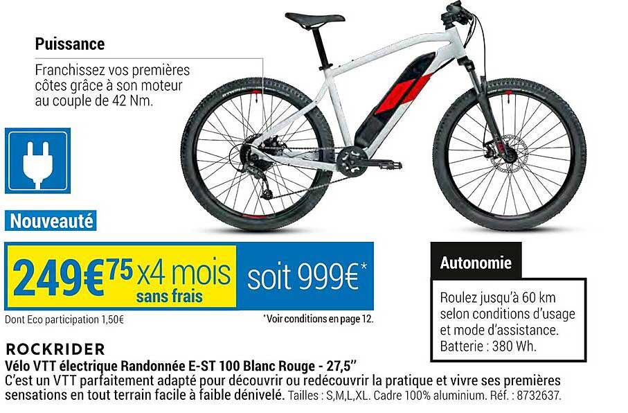 vélo vtt électrique randonnée e-st 100 blanc rouge - 27,5" rockrider