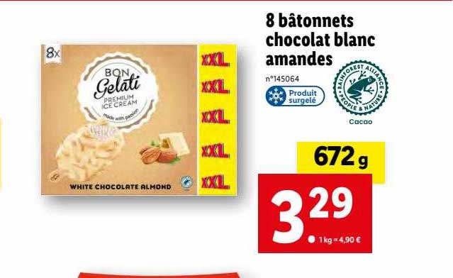 8 Bâtonnets Chocolat Blanc Amandes