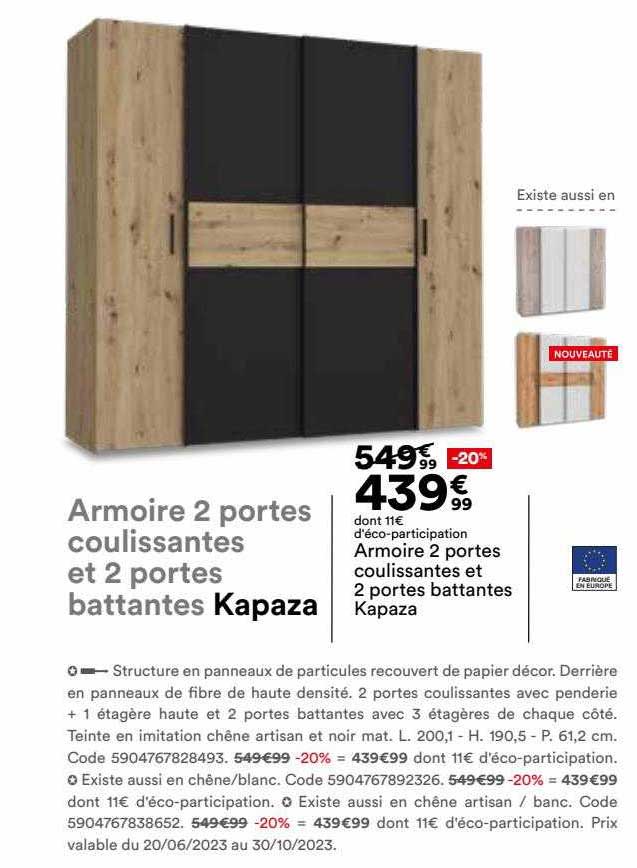 armoire 2 portes coulissantes et 2 portes battantes kapaza