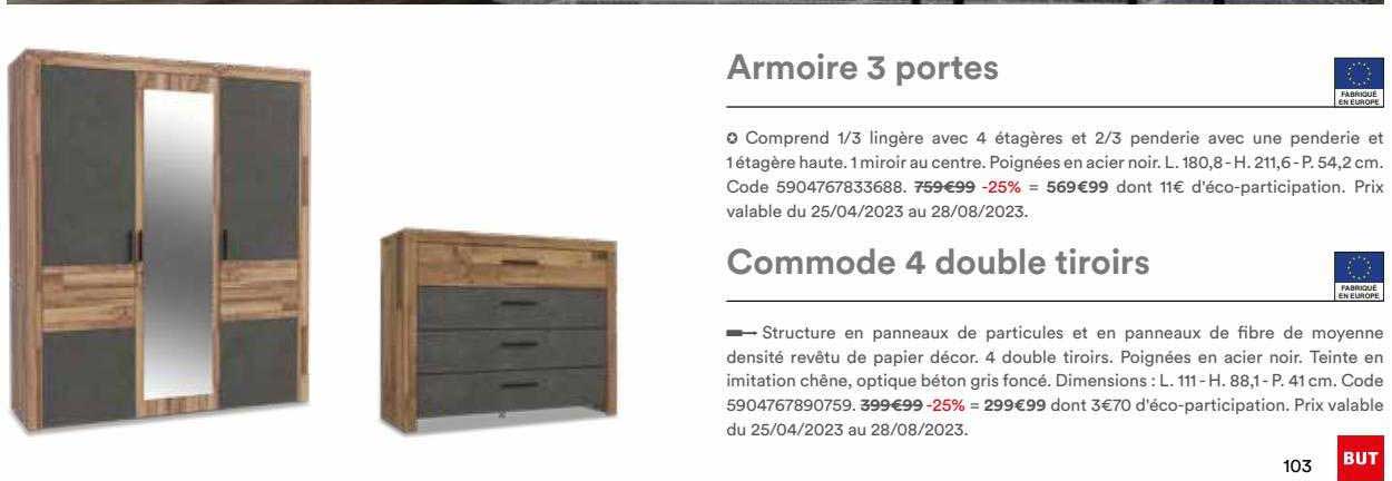 armorie 3 portes, commode 4 double tiroirs