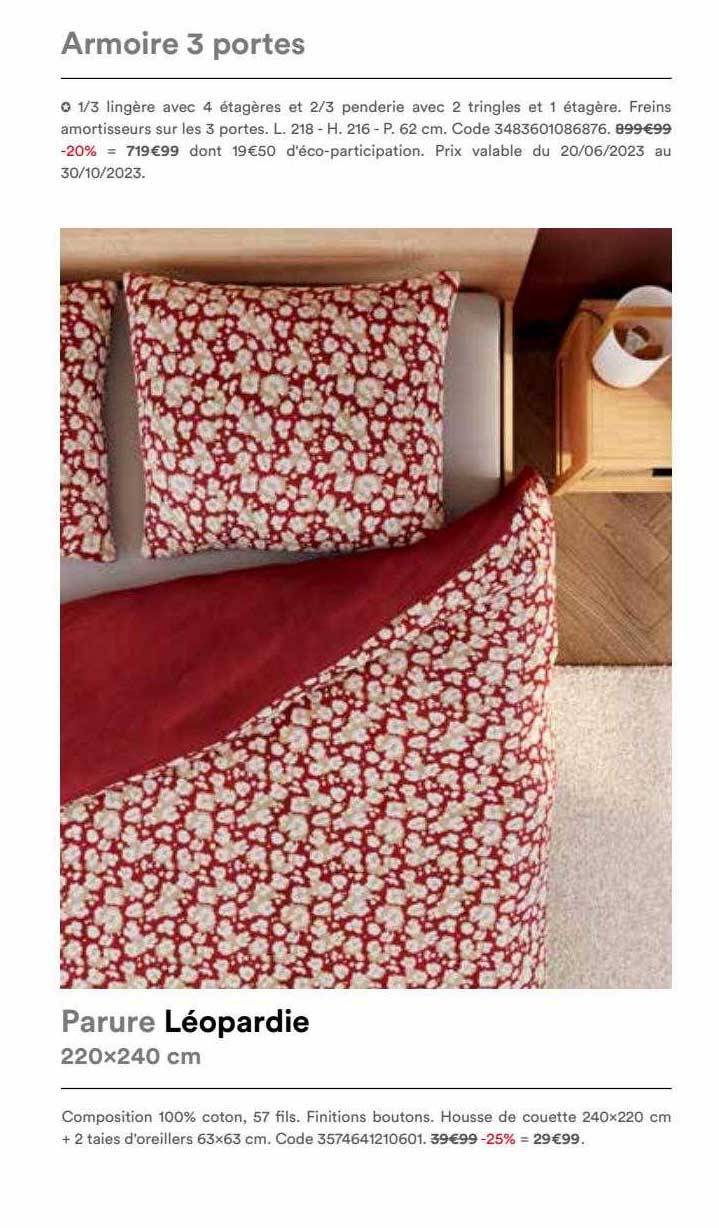 armorie 3 portes, parure léopardie 220 x 240 cm