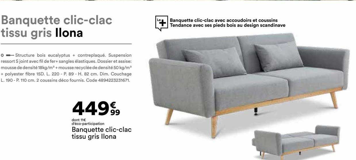 banquette clic-clac tissu gris ilona