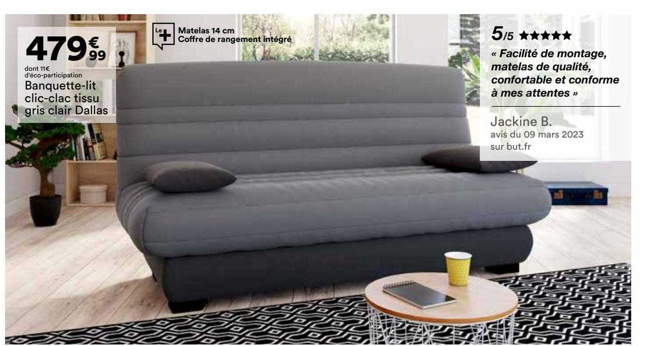 banquette-lit clic-clac tissu gris clair dallas