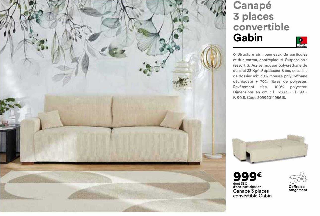 canapé 3 places convertible gabin