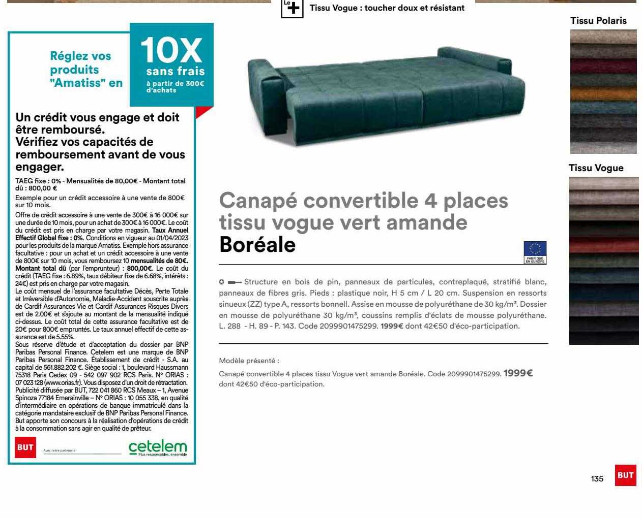 Canapé Convertible 4 Places Tissu Vogue Vert Amande Boréal