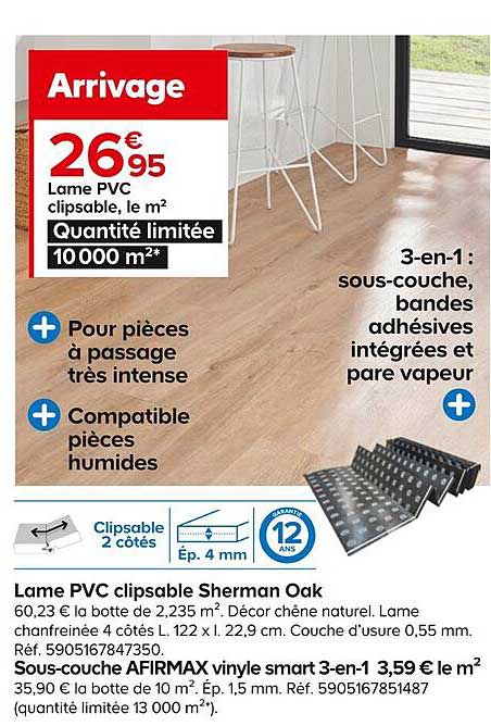 lame pvc clipsable sherman oak, sous-couche afirmax vinyle smart 3-en-1