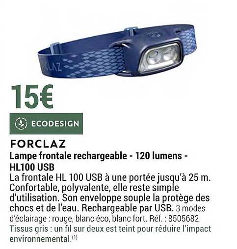 lampe frontale rechargeable - 120 lumens - hl100 usb forclaz