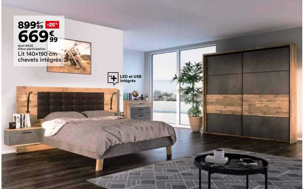 lit 140 x 190 cm chevets intégrés