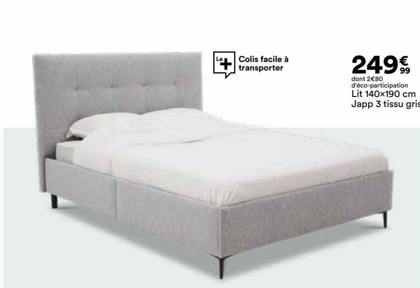 Lit 140 X 190 Cm Japp 3 Tissu Gris