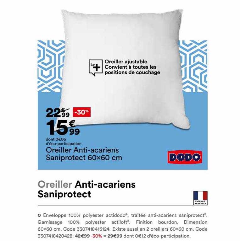 Oreiller Anti-acariens Saniprotect