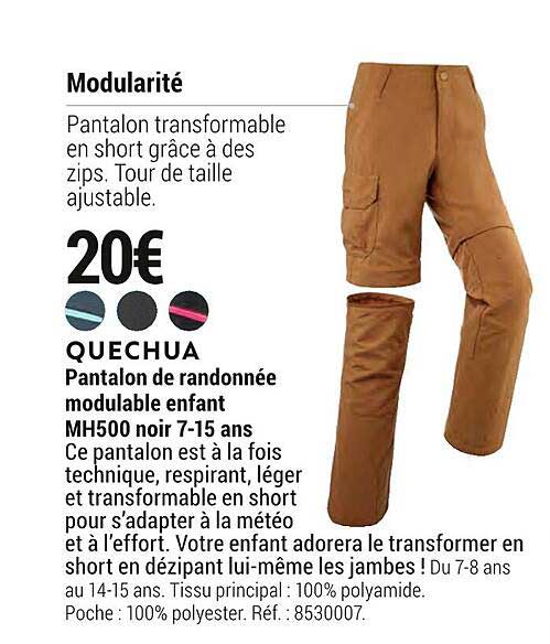 pantalon de randonnée modulable enfant mh500 noir 7-15 ans quechua
