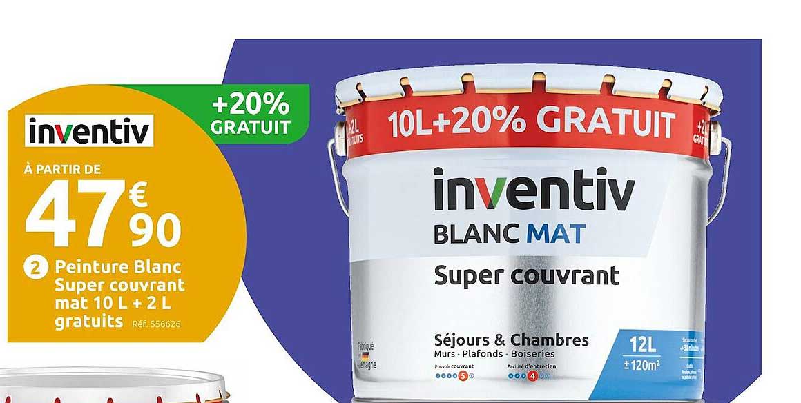 peinture blanc super couvrant mat 10l + 2l gratuits inventiv